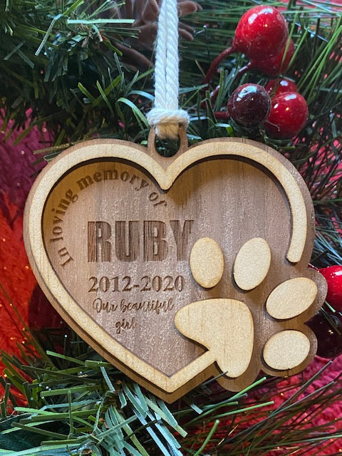 Dog paw print personalised memorial ornament